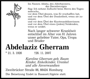 Todesanzeige von Abdelaziz Gherram von SAARBRÜCKER ZEITUNG