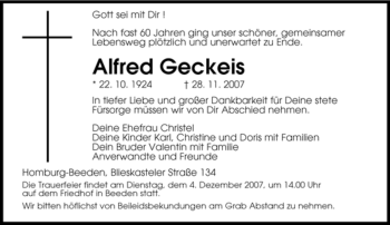 Todesanzeige von Alfred Geckeis von SAARBRÜCKER ZEITUNG