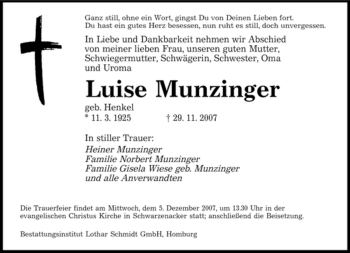 Todesanzeige von Luise Munzinger von SAARBRÜCKER ZEITUNG