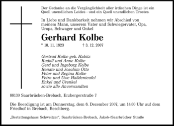 Todesanzeige von Gerhard Kolbe von SAARBRÜCKER ZEITUNG