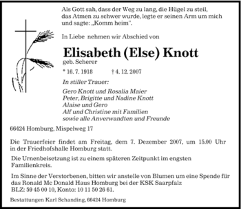 Todesanzeige von Elisabeth Knott von SAARBRÜCKER ZEITUNG