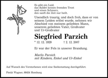 Todesanzeige von Siegfried Parzich von SAARBRÜCKER ZEITUNG