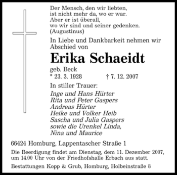 Todesanzeige von Erika Schaeidt von SAARBRÜCKER ZEITUNG