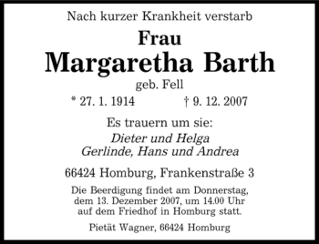 Todesanzeige von Margarethe Barth von SAARBRÜCKER ZEITUNG