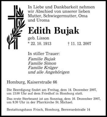 Todesanzeige von Edith Bujak von SAARBRÜCKER ZEITUNG