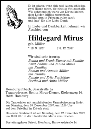 Todesanzeige von Hildegard Mirus von SAARBRÜCKER ZEITUNG