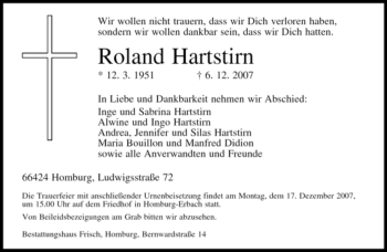 Todesanzeige von Roland Hartstirn von SAARBRÜCKER ZEITUNG