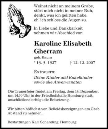 Todesanzeige von Karoline Elisabeth Gherram von SAARBRÜCKER ZEITUNG