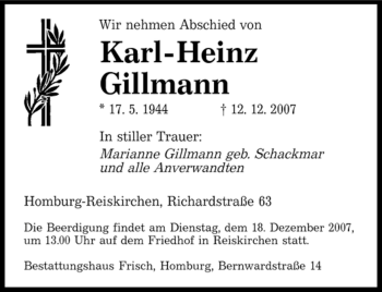 Todesanzeige von Karl-Heinz Gillmann von SAARBRÜCKER ZEITUNG