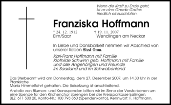 Todesanzeige von Franziska Hoffmann von SAARBRÜCKER ZEITUNG