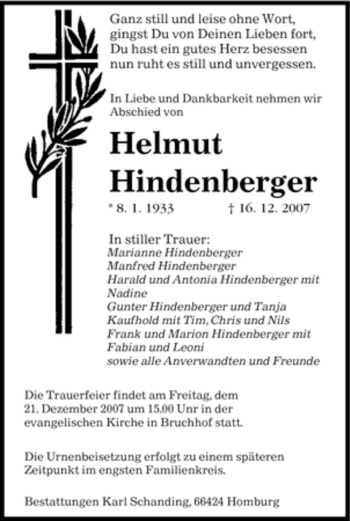 Todesanzeige von Helmut Hindenberger von SAARBRÜCKER ZEITUNG