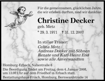 Todesanzeige von Christine Decker von SAARBRÜCKER ZEITUNG