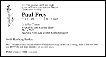 Todesanzeige von Paul Frey von SAARBRÜCKER ZEITUNG