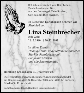 Todesanzeige von Lina Steinbrecher von SAARBRÜCKER ZEITUNG