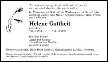 Todesanzeige von Helene Gottheit von SAARBRÜCKER ZEITUNG