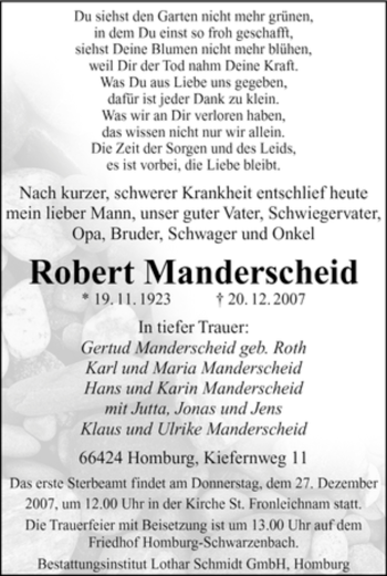 Todesanzeige von Robert Manderscheid von SAARBRÜCKER ZEITUNG