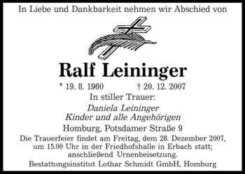 Todesanzeige von Ralf Leininger von SAARBRÜCKER ZEITUNG