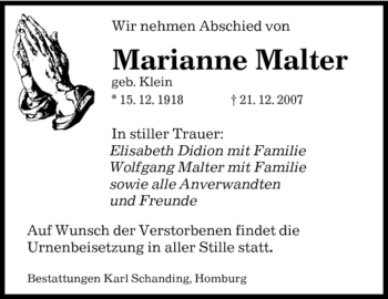 Todesanzeige von Marianne Malter von SAARBRÜCKER ZEITUNG