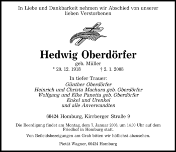 Todesanzeige von Hedwig Oberdörfer von SAARBRÜCKER ZEITUNG