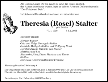 Todesanzeige von Theresia Stalter von SAARBRÜCKER ZEITUNG