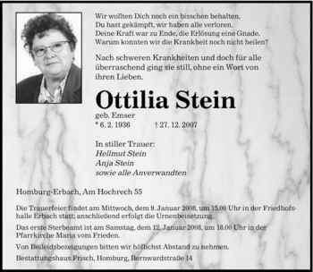 Todesanzeige von Ottilia Stein von SAARBRÜCKER ZEITUNG