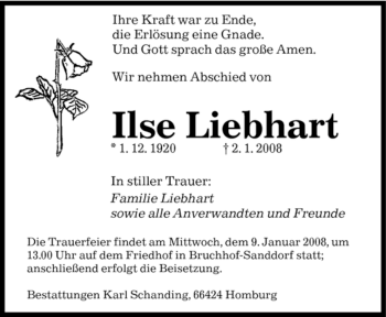 Todesanzeige von Ilse Liebhart von SAARBRÜCKER ZEITUNG