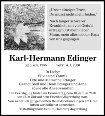 Todesanzeige von Karl-Hermann Edinger von SAARBRÜCKER ZEITUNG