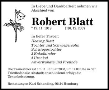 Todesanzeige von Robert Blatt von SAARBRÜCKER ZEITUNG