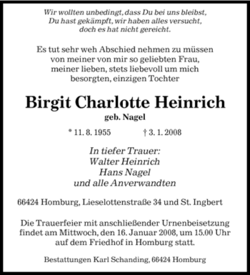 Todesanzeige von Birgit Charlotte Heinrich von SAARBRÜCKER ZEITUNG