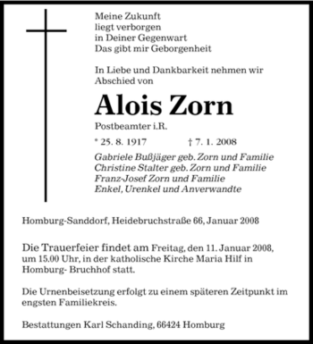 Todesanzeige von Alois Zorn von SAARBRÜCKER ZEITUNG