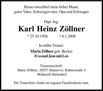 Todesanzeige von Karl Heinz Zöllner von SAARBRÜCKER ZEITUNG