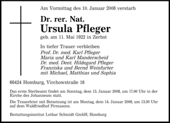 Todesanzeige von Ursula Nat. Pfleger von SAARBRÜCKER ZEITUNG