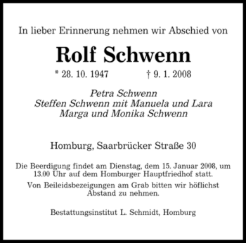 Todesanzeige von Rolf Schwenn von SAARBRÜCKER ZEITUNG