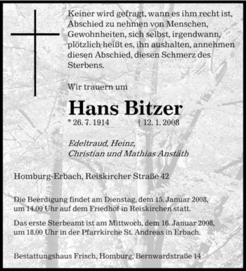 Todesanzeige von Hans Bitzer von SAARBRÜCKER ZEITUNG