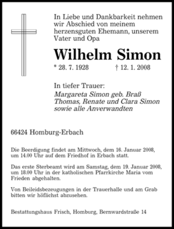 Todesanzeige von Wilhelm Simon von SAARBRÜCKER ZEITUNG