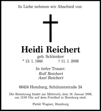 Todesanzeige von Heidi Reichert von SAARBRÜCKER ZEITUNG