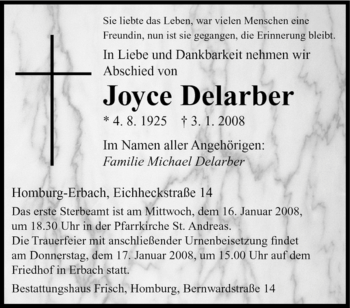 Todesanzeige von Joyce Delarber von SAARBRÜCKER ZEITUNG