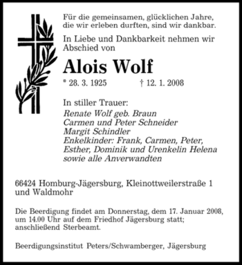 Todesanzeige von Alois Wolf von SAARBRÜCKER ZEITUNG