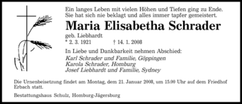 Todesanzeige von Maria Elisabetha Schrader von SAARBRÜCKER ZEITUNG