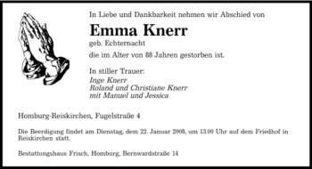 Todesanzeige von Emma Knerr von SAARBRÜCKER ZEITUNG