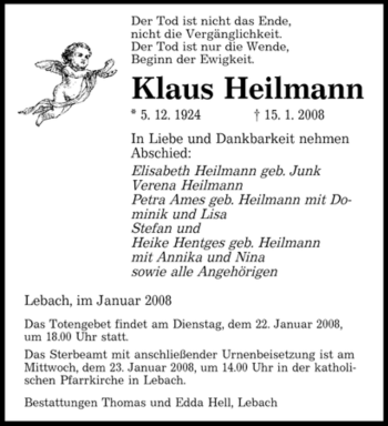 Todesanzeige von Klaus Heilmann von SAARBRÜCKER ZEITUNG