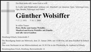 Todesanzeige von Günther Wolsiffer von SAARBRÜCKER ZEITUNG