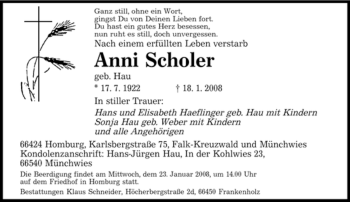 Todesanzeige von Anni Scholer von SAARBRÜCKER ZEITUNG