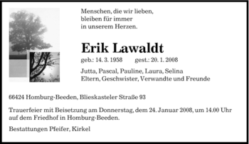 Todesanzeige von Erik Lawaldt von SAARBRÜCKER ZEITUNG