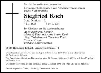 Todesanzeige von Siegfried Koch von SAARBRÜCKER ZEITUNG