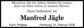 Todesanzeige von Manfred Jägle von SAARBRÜCKER ZEITUNG