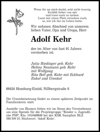 Todesanzeige von Adolf Kehr von SAARBRÜCKER ZEITUNG