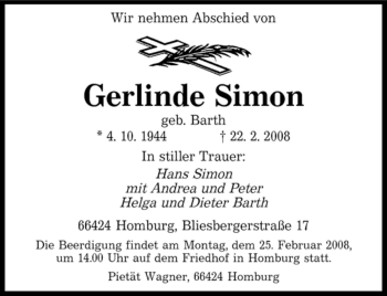 Todesanzeige von Gerlinde Simon von SAARBRÜCKER ZEITUNG