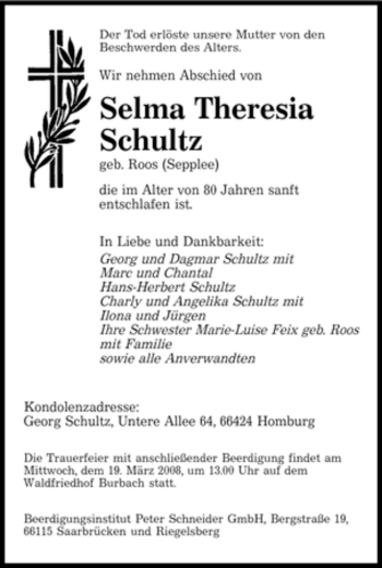 Todesanzeige von Selma Theresia Schultz von SAARBRÜCKER ZEITUNG