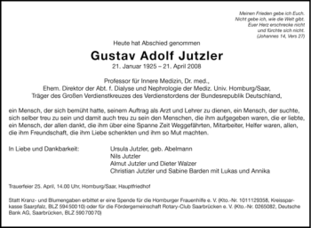 Todesanzeige von Gustav Adolf Jutzler von SAARBRÜCKER ZEITUNG